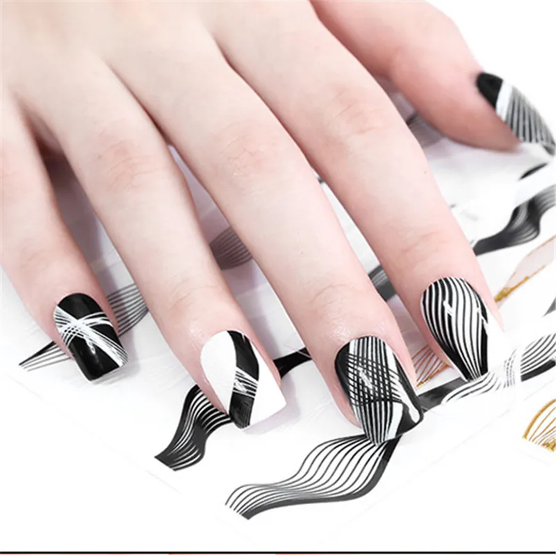 

3D Nail Sticker Gold Black White Line Nail Sticker Lines Adhesive Transfer Decals Manicure Gel Polish Nail Art Decorations