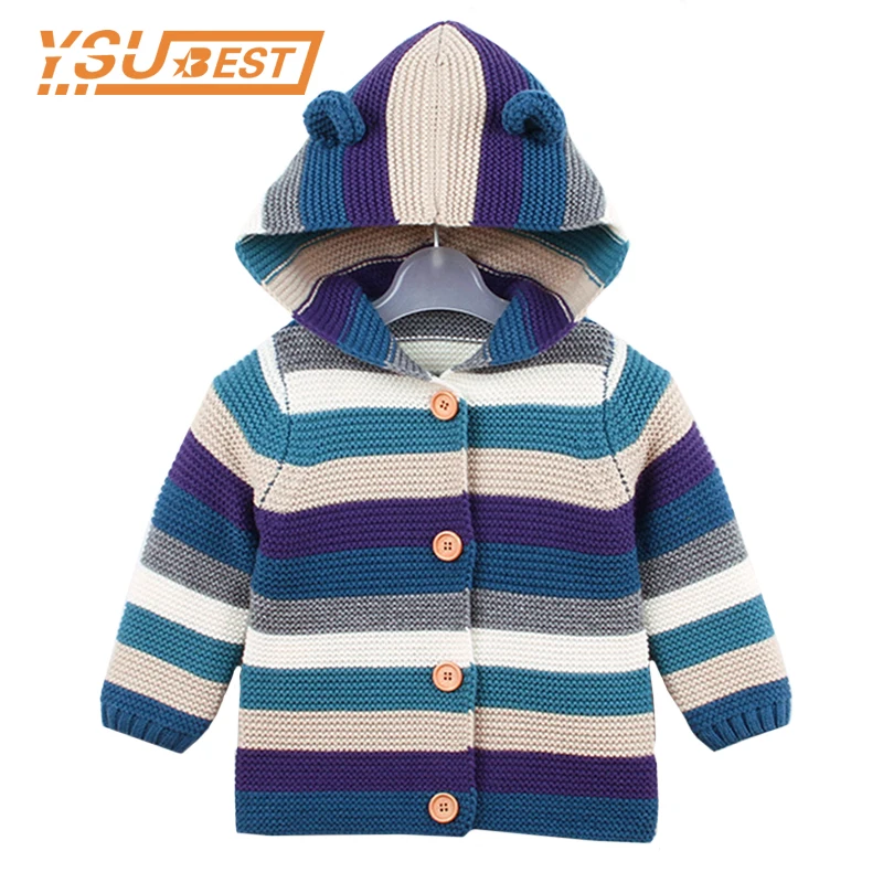 Осенне-зимняя одежда для маленьких девочек пальто для мальчиков вязаная куртка в полоску с ушками медведя однотонная Освежающая верхняя одежда для детей, пальто свитер для малышей
