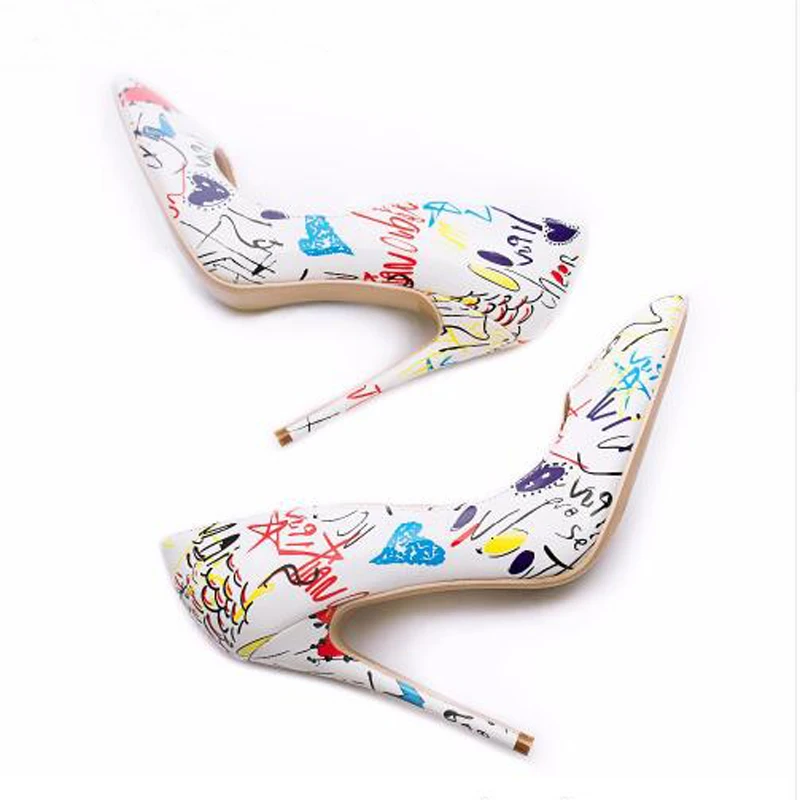 

2019 Fancy Graffiti Women Pumps Sexy Stiletto High Heels Spring Wedding Party Shoes Woman Pointed Toe Zapatos Mujer Plus Size 42
