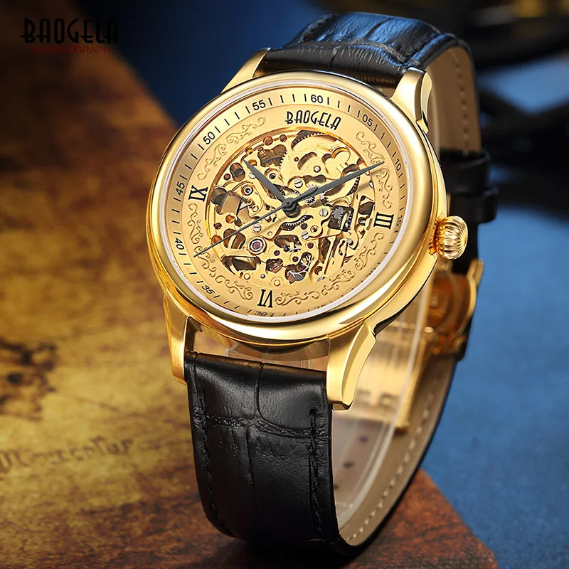 Baogela الرجال الهيكل العظمي التناظرية الميكانيكية الساعات أزياء والجلود حزام الذهب الطلب المعصم ووتش للماء للرجل 1710-Black Baogela الرجال الهيكل العظمي التناظرية الميكانيكية الساعات أزياء والجلود حزام الذهب الطلب المعصم ووتش للماء للرجل 1710-Black