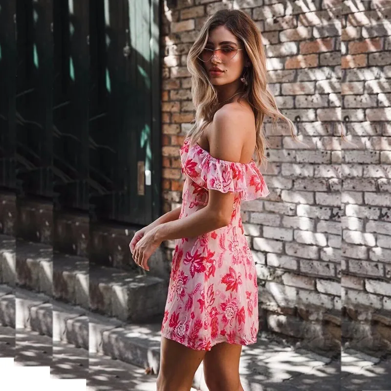 Red Off Shoulder Summer Dress Short Sleeve 2018 Floral Sexy Women Dress V neck Lace Up Elegant Boho Vestidos