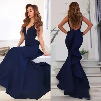

Elegant Navy Blue Mermaid Evening Dress Sexy Backless Long Formal Prom Gowns 2019 vestido de festa longo sereia robe de soiree