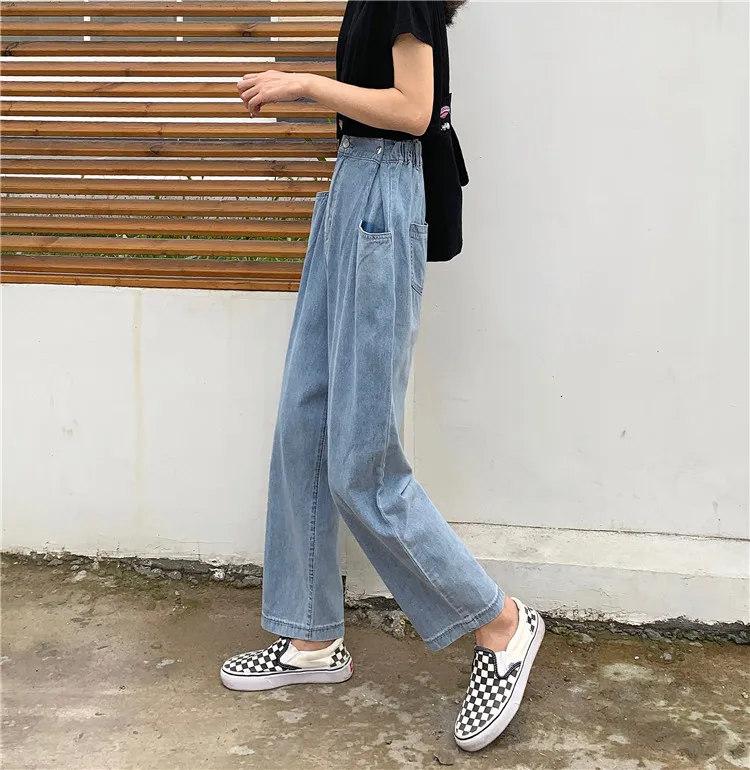 Свободные винтажные прямые джинсы на пуговицах женские 2019 корейские летние широкие брюки повседневные тонкие джинсы с высокой талией