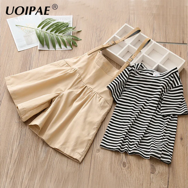 

Girls 2018 Summer Korean Version Girl Children Simple Sriped T-shirt Short Sleeve + Back-band Shorts 2 Pieces Sets Tz-3918