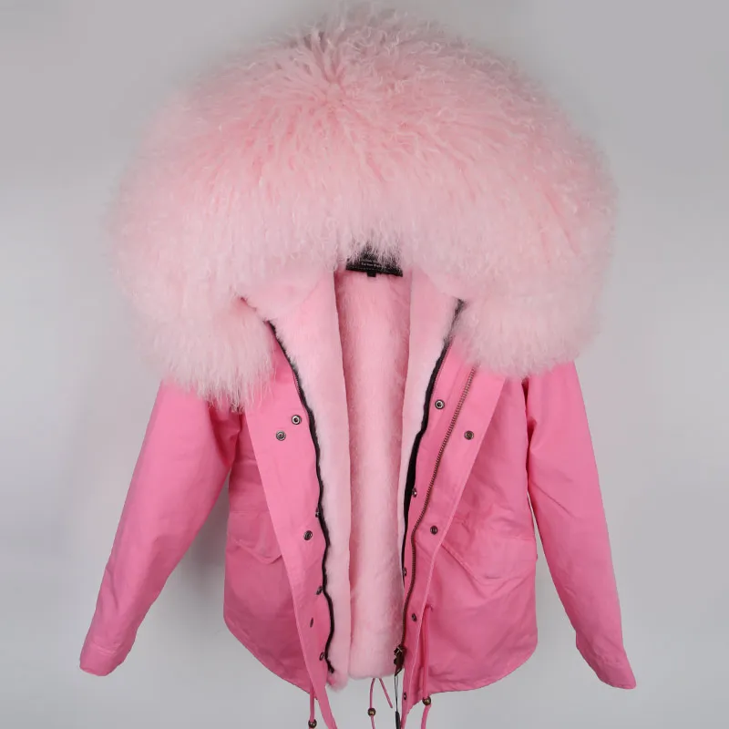 Новая женская зимняя парка Овечий мех Парки натуральный мех пальто Одежда для улицы - Цвет: pink  pink