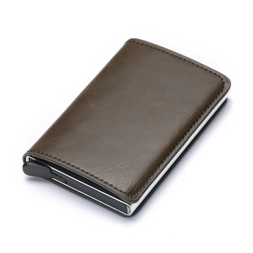 ZOVYZOL Slim Mini Wallet Metal Aluminum Business id Card Case Anti Rfid Protection Men Women Credit Card Holder Leather Vintage - Цвет: A COFFEE X-12