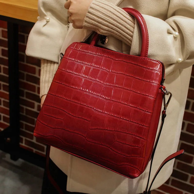 Натуральная кожа, женские сумки через плечо, натуральная кожа, модная сумка-тоут с узором «крокодиловая кожа», женская сумка-мессенджер с верхней ручкой - Цвет: Red