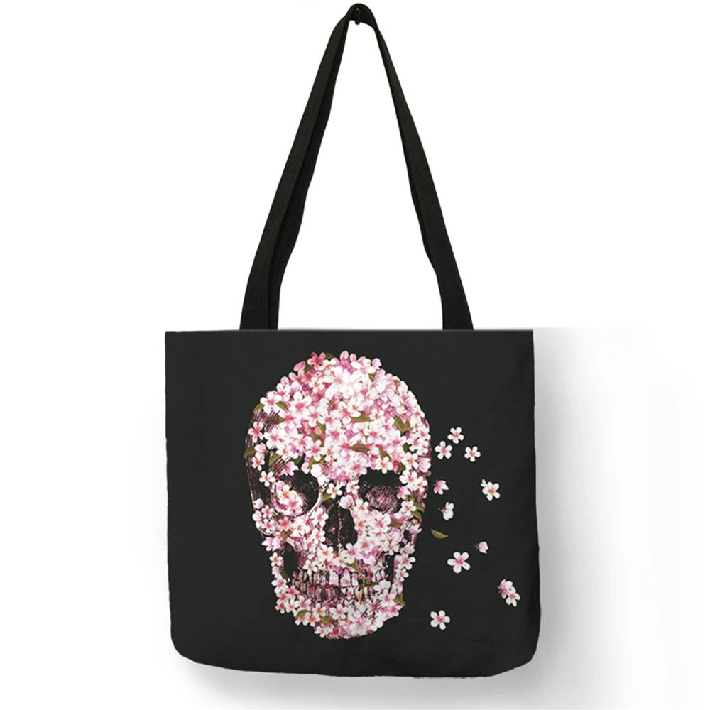 Floral Skull Print Linen Tote Bag Reusable Shopping Bags Folding Women Casual Handbags Lady Fabric Tote Bags - Цвет: 008