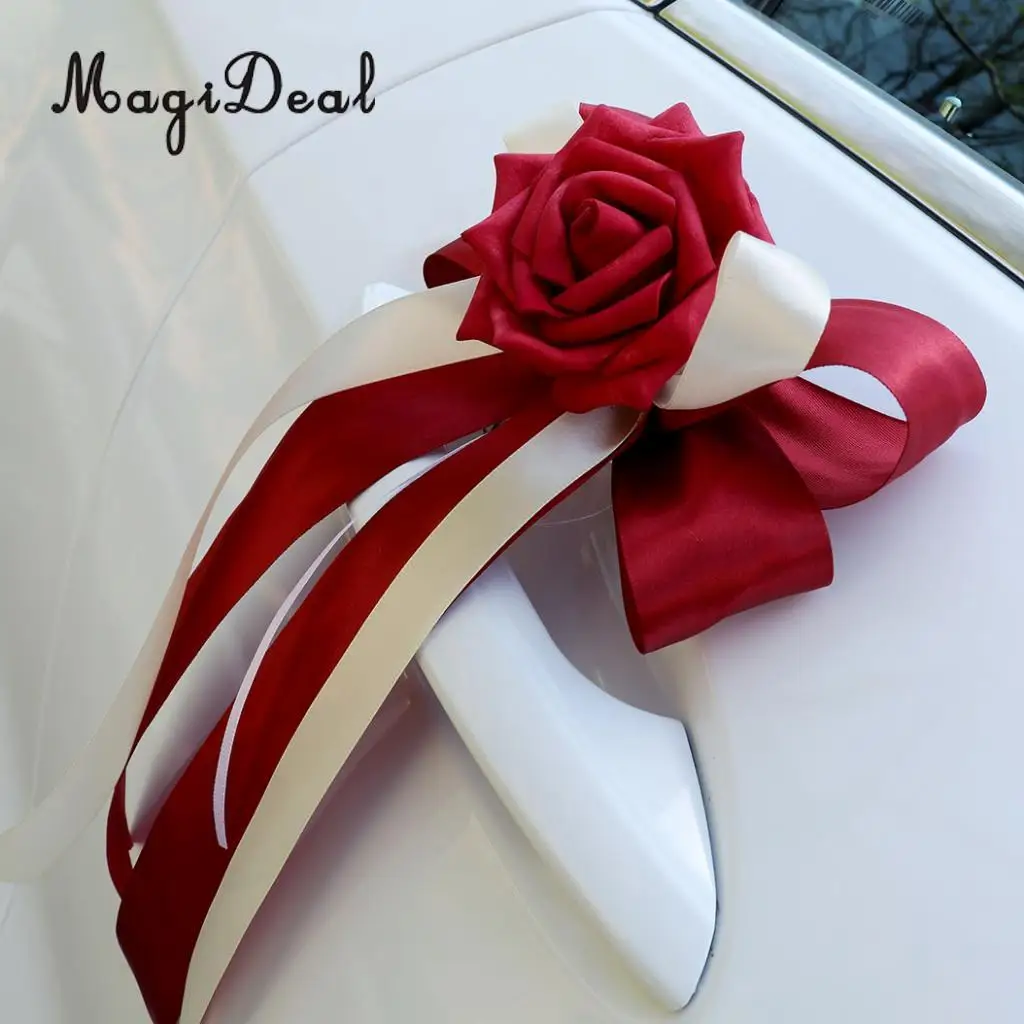MagiDeal 12pcs/Set Wedding Car Decorations Kit DIY Artificial Silk Flower Ribbon Bows Car Roof Door Mirror Wedding Supplier