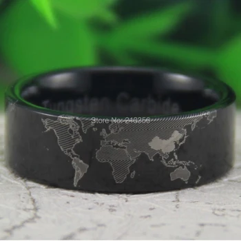

Cheap Price Free Shipping USA Canada Hot Selling 8MM Shiny Black Pipe Unique World Map Design Men's Lord Tungsten Wedding Ring