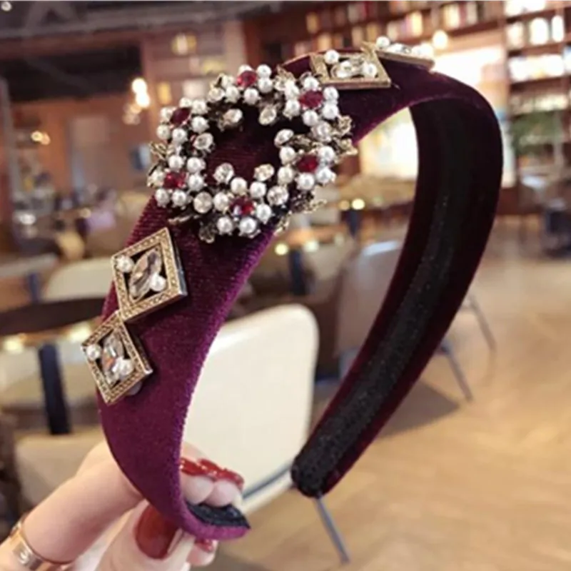 

Retro Hair Boutique Headband with Crystals and Pearls Decorated Solid Plain Hairband for Women Hair Accessories Crystal Hairband