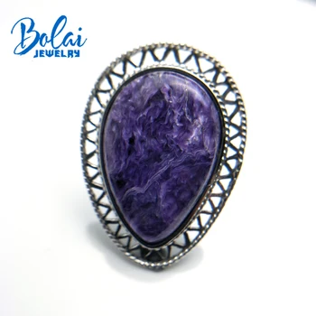

Bolaijewelry,natural big size charoite pear gemstone 925 sterling silver unisex Rings fine jewelry for lady anniversary gift