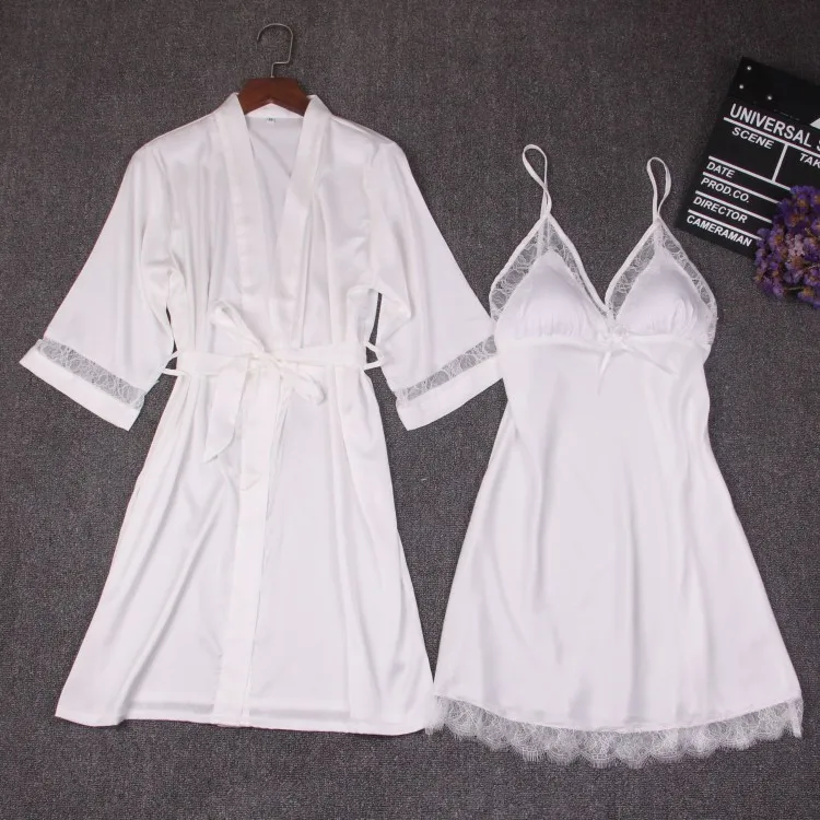 MECHCITIZ, летний сексуальный шелковый халат и платье, наборы для женщин, Халат+ мини-платье для сна, 2 предмета, пижамы, 5 цветов, бюстгальтер, Пижама - Цвет: Белый