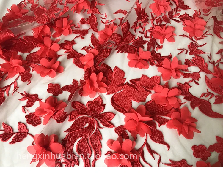 LASUI NEW 1 yard FOR Wedding dress skirt decorative cloth X0543 High quality RED 3D flower embroidered mesh lace fabric