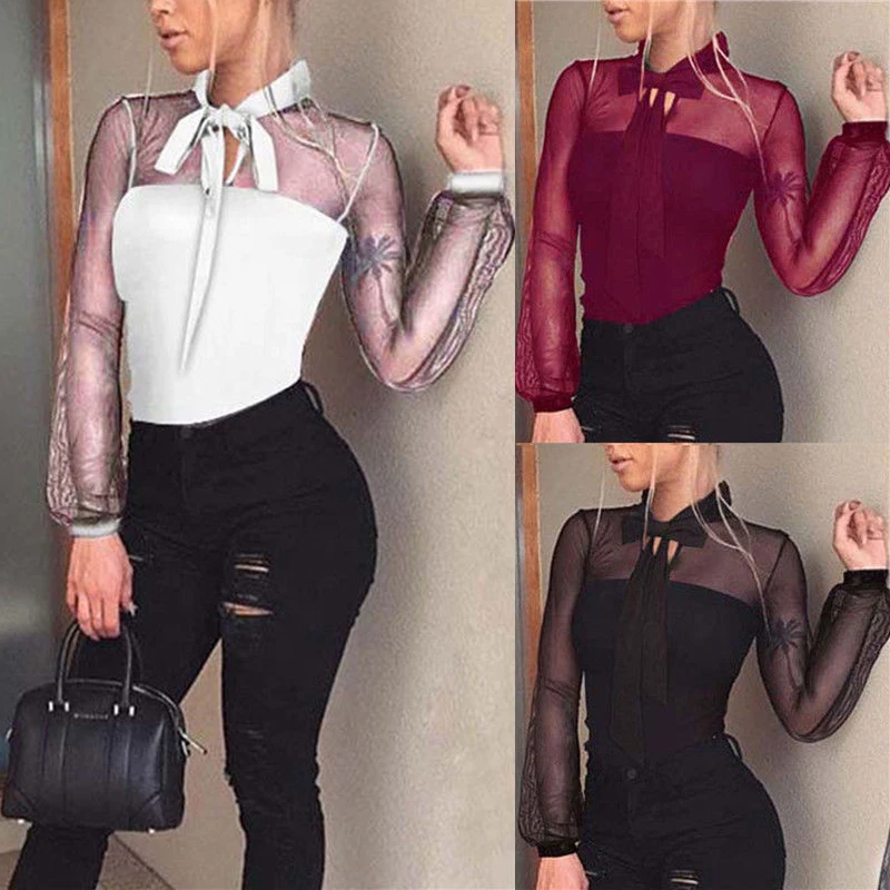 Women Sexy Lace Mesh Blouse Bodysuit Woman Long Sleeve Spring Clothing Wear Transparent Bow Tie Romper Elegant Blouse Bodysuits
