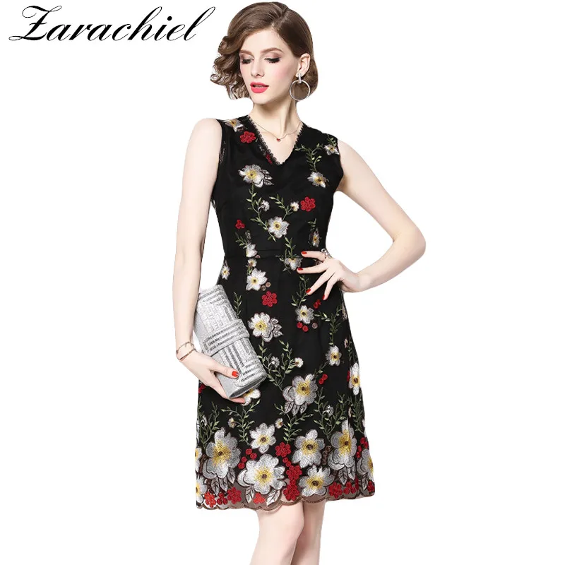 

Multicolor Flower Embroidery Overlay Mesh Bodice A Line Knee Length Dress Women's Sleeveless V Neck Elegant Tank Party Dress