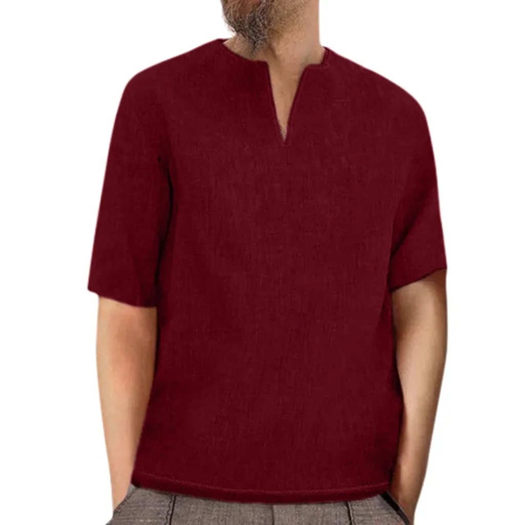 camiseta hombre, Мужская мешковатая Ретро хлопковая льняная однотонная туника с коротким рукавом и v-образным вырезом, рубашка, топы, блузки, blusa masculina