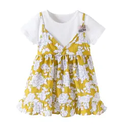 Платье для маленьких девочек, летнее платье из двух предметов с принтом, хлопковый Детский Повседневный Сарафан с короткими рукавами