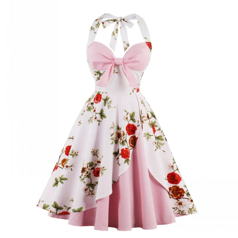 

Summer Dress Vestidos Women 2018 Vestido Plus Size Vintage Floral Print Dress 50s 60s Sexy Halter Retro Elegant Dresses 3XL 4XL