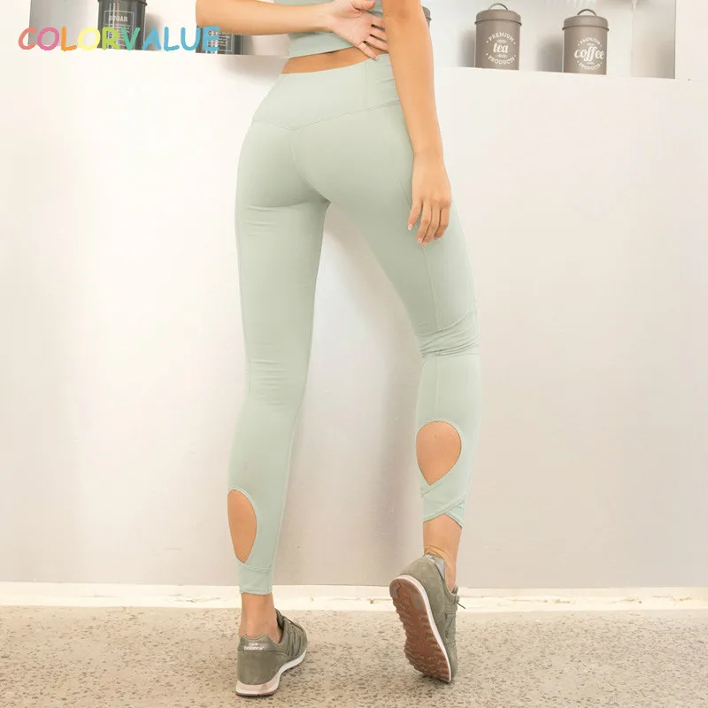 

Colorvalue Calf Hollow Out Yoga Gym Pants Women Stunning Color Fitness Athletic Leggings Anti-sweat Hip Up Running Sport Tights