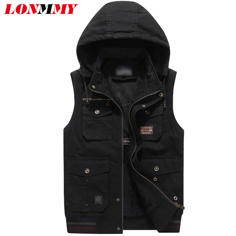 

LONMMY 6XL 7XL 8XL Military vests for men coats Cotton Outerwear Hooded men vest sleeveless jacket men clothes 2018 Black Green