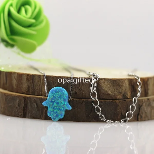 MOQ=1PC Free Shipping OP73 Tiffany Blue 11*13mm Synthetic Opal Hamsa/Hand 925 Silver Gold Chain Opal Necklace with High Quality - Окраска металла: op73 silver Boxchain