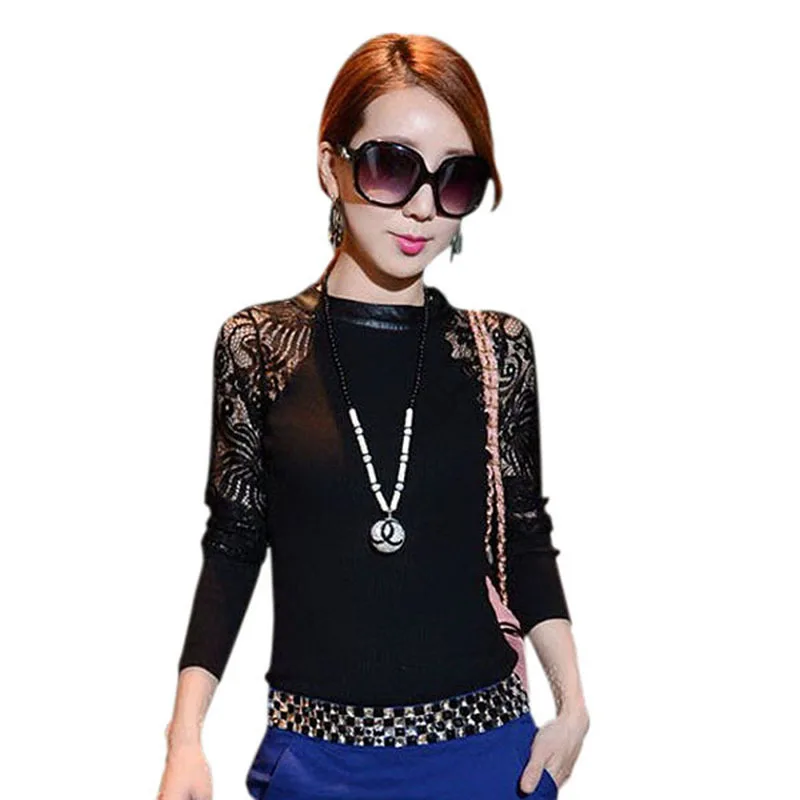 

Women Leather O-Neck Floral Lace Knitted Sweater Long Sleeve Slim Base T-shirt Tops