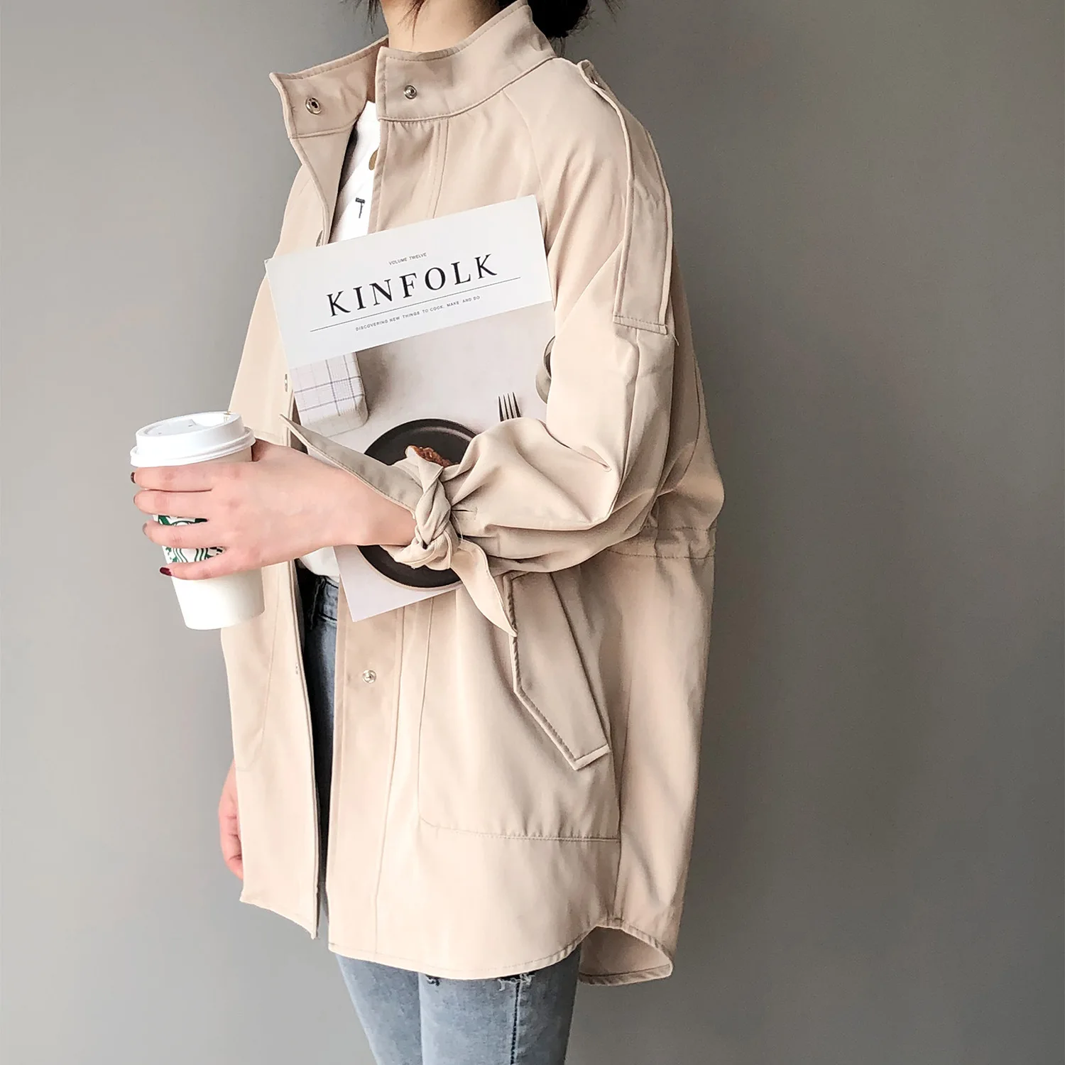 Fashion Trench Coat Female Autumn Windbreaker Drawstring Casual Loose Safari Clothes Stand Collar 2020 Spring Women Short Trench