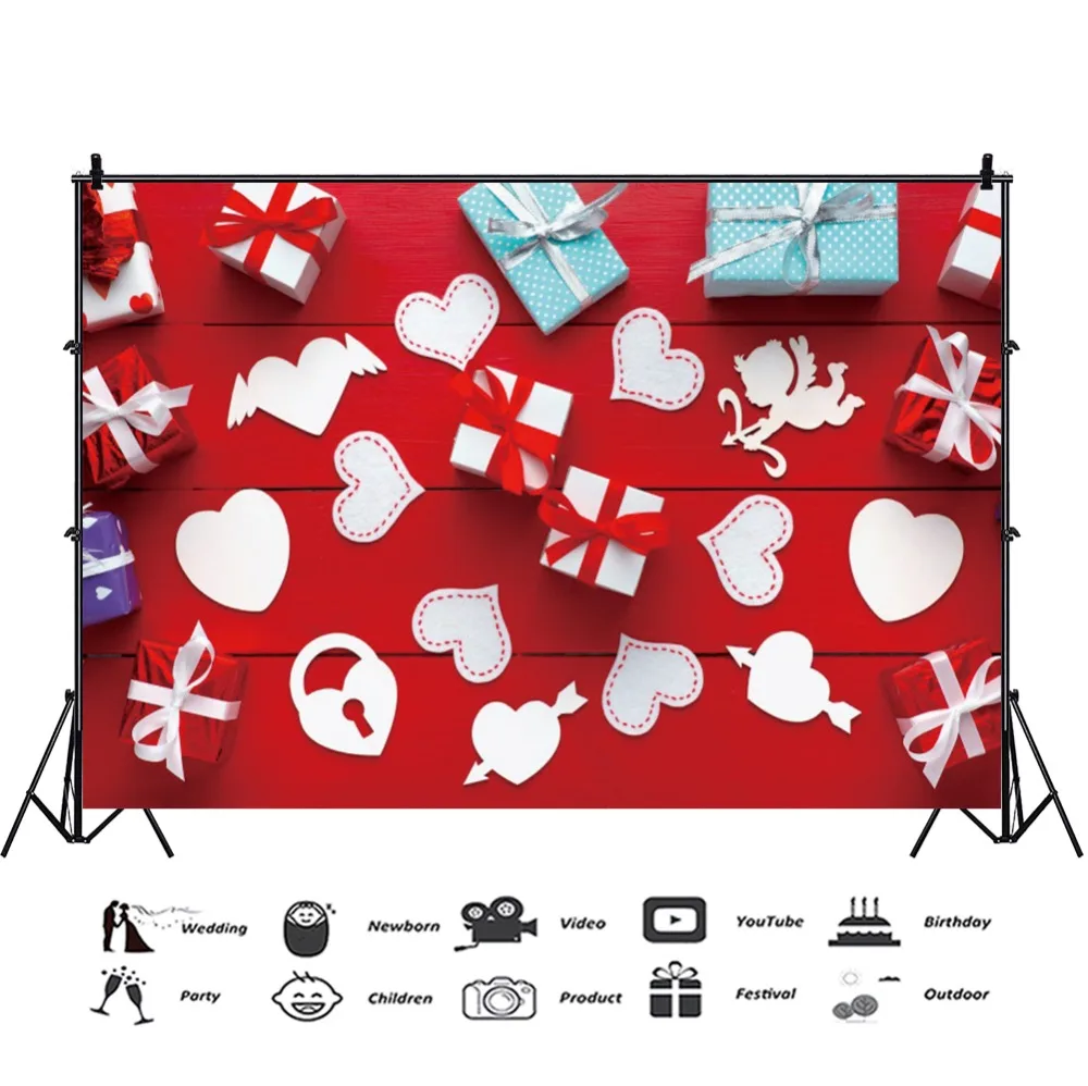 Laeacco Red Wooden Boards Hearts Gifts Wall Party Portrait Scene Photography Backgrounds Photographic Backdrops For Photo Studio