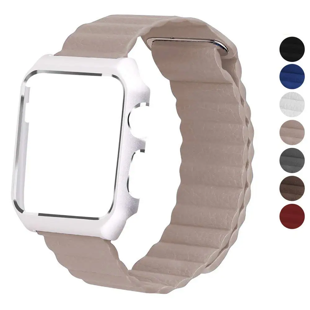 TORQUILA Leather Loop for Apple Watch Series 3/2/1 42mm 38mm Magnetic Bracelet Replacement Band With Metal Rubber Frame Case - Band Color: Beige