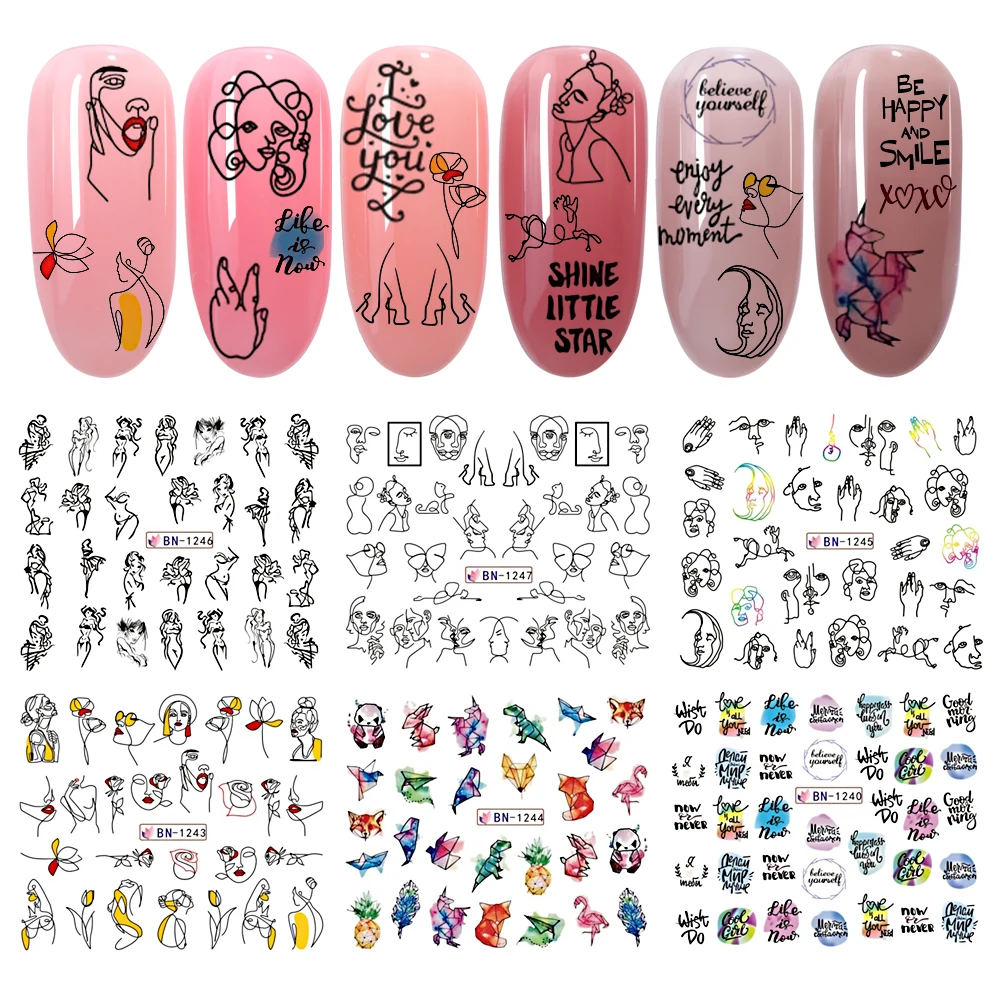 

12pcs Water Nail Polish Strips Sexy Lady Stickers Liner Draws Simple Black Pattern Sliders Nail Art Water Tools BEBN1237-1248