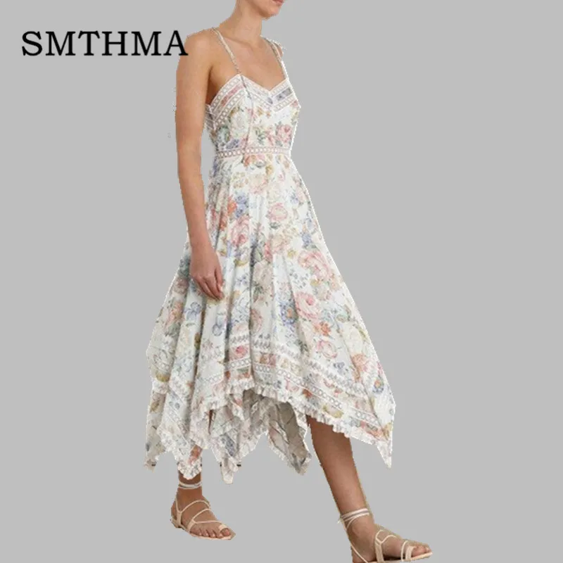 

2019 New arrival Runway Dress floral print Summer V-neck Asymmetry sleeveless Casual women dresses bohemia long dresses