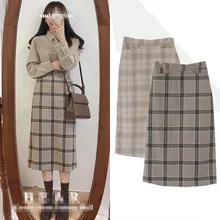 Autumn winter vintage high waist plaid women woolen skirt sweet students straight skirt