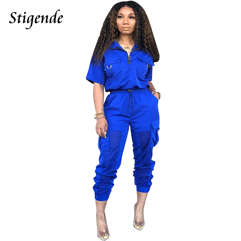 

Stigende Summer Sexy 2 Piece Tracksuit Sets Women Casual Mesh Patchwork Two Piece Pants Set Short Sleeve Pocket 2pcs Outfit Set
