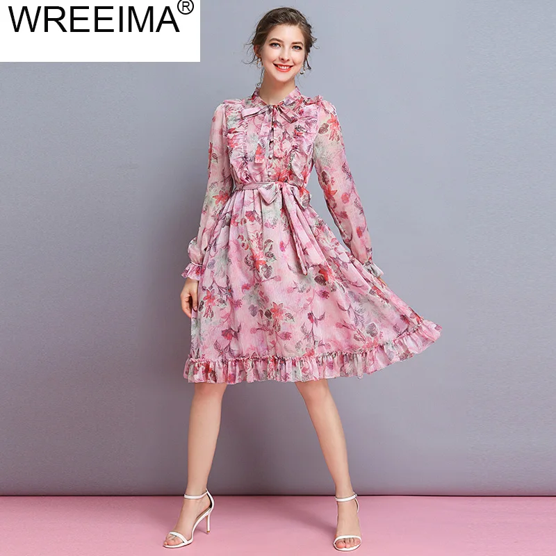 Fashion Women's Flora Print Stand-collars with Bow Dress Elegant Ladies Elastic Waist Long Sleeves C346 | Женская одежда