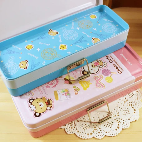 

QSHOIC cartoon stationery box iron three pencil box storage box student gift of children