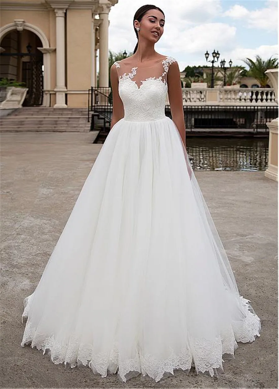 

White Scoop A-line Belt & Lace Appliques Sleeveless Wedding Dress Robe De Mariee Sofuge Boho Dubai Arabic Abiti Da Sposa