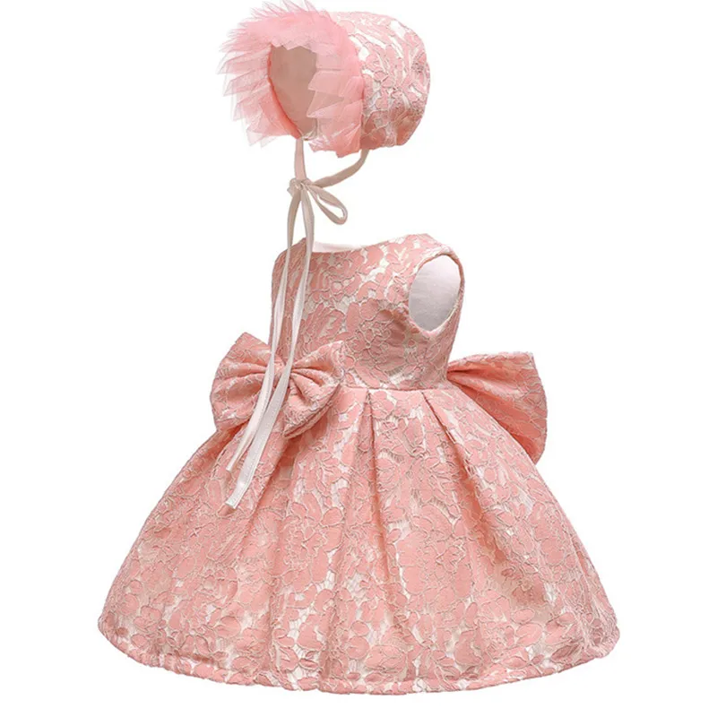 

2PCS Cute Lace flower girl dress with bow communion frocks kids baptism prom ball gowns kids 1 year baby girl birthday dress