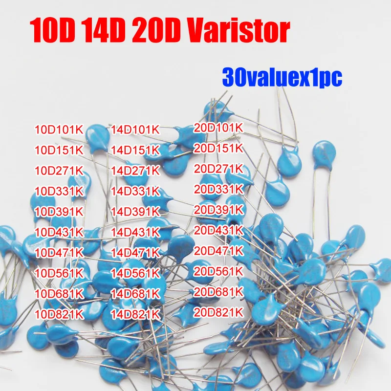 

30valuesX1pc=30pcs 10D/14D/20D Voltage Dependent Resistor Kit etc. Varistor Resistor Pack