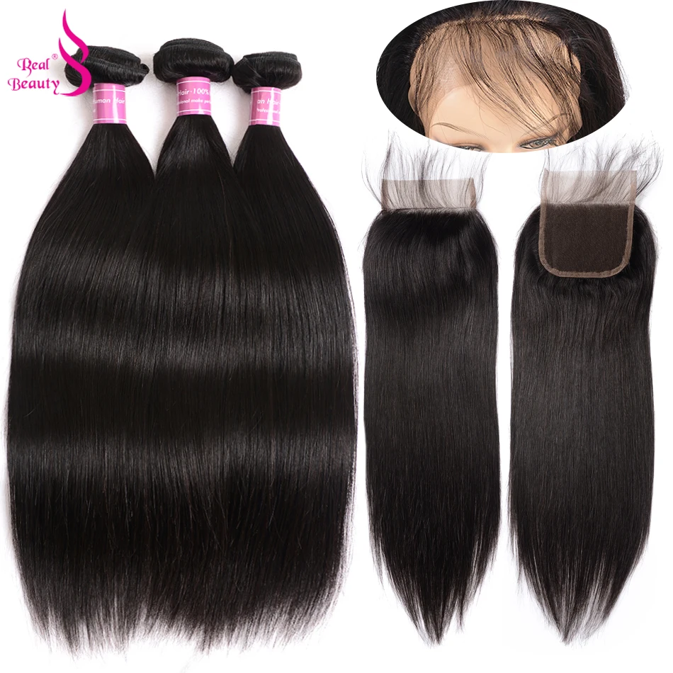Straight Hair Bundles With Lace Closure Free Part 3 Bundles Brazilian Human hair Bundles With Closure Real Beauty Non Remy Hair