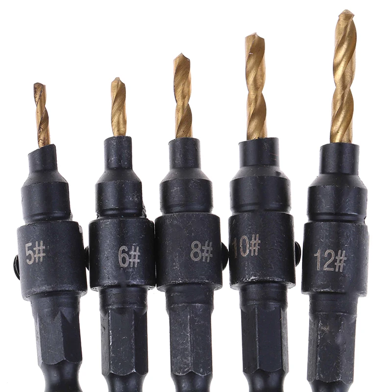 5pcs/lot HSS Screw Countersink Drill Bit Set Quick Change Hex Shank Countersink Drill Bits # 5, # 6, # 8 , # 10 ,# 12