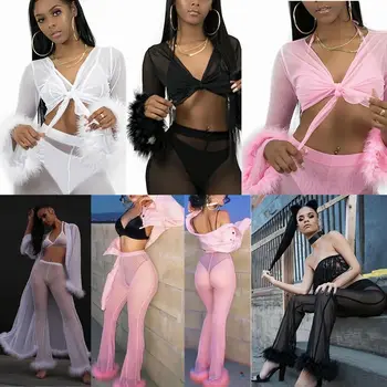 

New Sexy Women V Neck Bikini Long Sleeve Fur Patchwork Swimwear Mesh Crop Top Long Wide Leg Pant Cover-Ups Bathing Suit 2Pcs