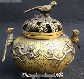 

Pure Bronze Plum Blossom Flower Magpie Bird Incense Burner Censer Incensory