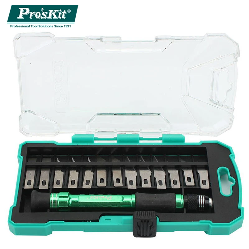 

Pro'skit PD-398 Hobby Knife Kit Aluminum handle 14 in 1 Multifuction Carving Knife Blade for Wood Carving Solder Wire Cutting