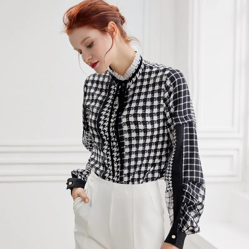 

PIXY Houndstooth Blouse Women Long Sleeve Shirts Office Ladies Black Plaid Tops Basic Casual Clothing Spring Bow Ribbon Fashion