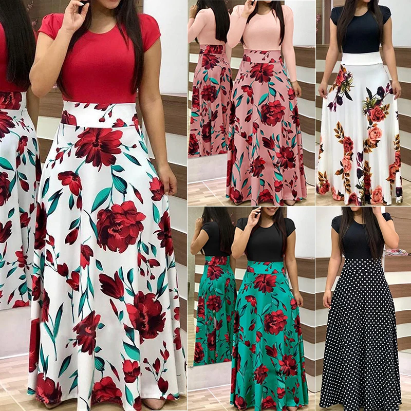 Summer Fake Two Piece Plus Size Floor-length Dress Women Short Sleeve Printing Dresses Female O-Neck Dot Long Maxi Vestidos