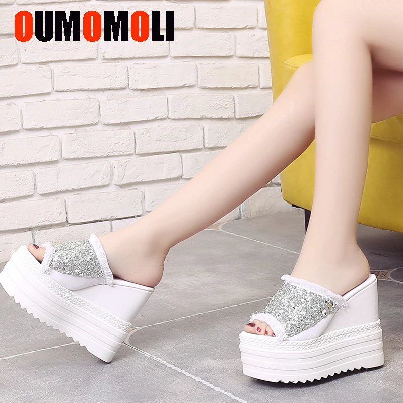 

ummer fashion Women Slippers Ladies Casual High Heel Wedge Slipper Flip Flops Shoes Female Sequined Cloth Slipper f448