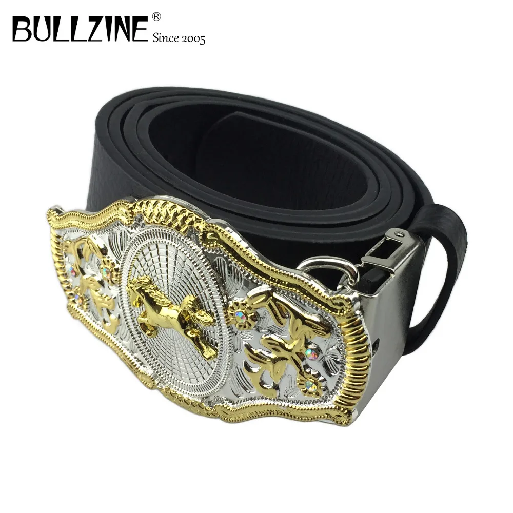 

The Bullzine western horse belt buckle with silver and gold finish with PU belt with connecting clasp FP-03537