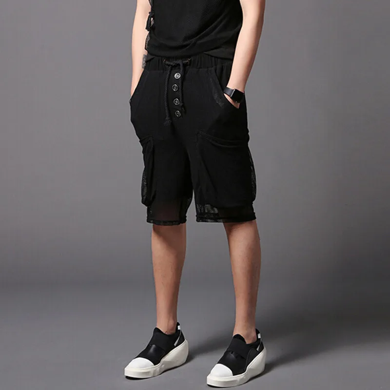 Newest men mesh patchwork shorts hollow out black night club stage