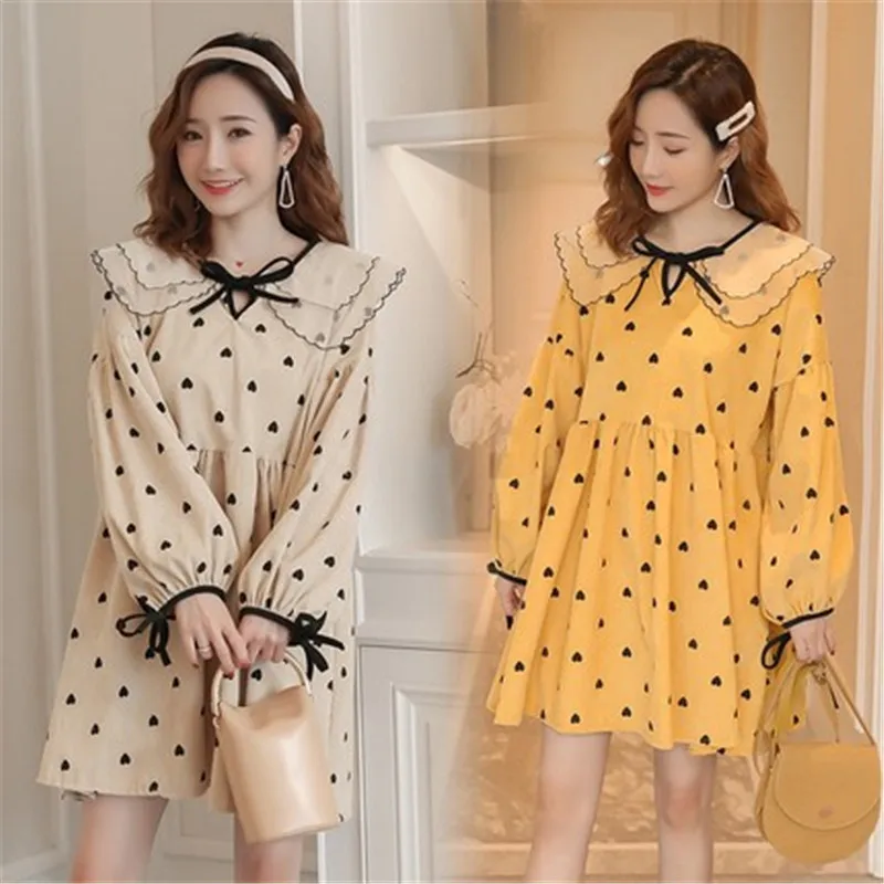 

2019 New Spring Summer Women's Vintage Double-layer Organza Collar Love Pattern Doll Dress Students Sweet Pregnant woman Dresses